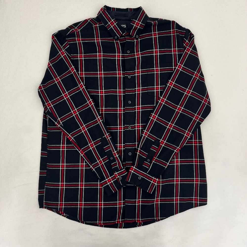 Chaps Mens Size XL Button Down Shirt Black Red Plaid‎ Pockets Long Sleeve